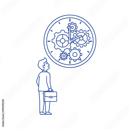 Businessman observing intricate clockwork mechanism symbolizing time management.