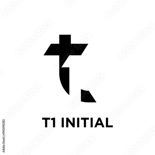 Modern T1 Initial Logo Design with Stylized Letter T and Number 1 in Negative Space, Black and White Graphic Symbol for Branding