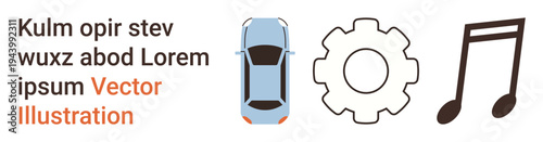 Automotive design, industrial mechanics, music industry, branding, digital projects, and creative concepts. Car, gear and note icons alongside text layout. Automotive design and industrial mechanics