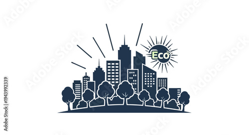 Green city skyline with trees and sun.