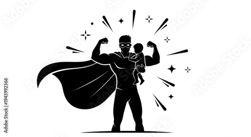 Black silhouette of strong man superhero.