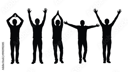 A group of five people standing in different yoga poses, showcasing various arm movements and body positions in a horizontal line, conveying a sense of unity and harmony