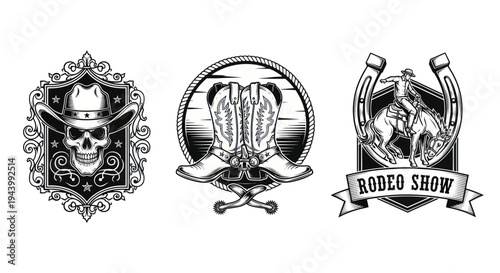 Rodeo Emblem Set: Skull Cowboy Hat, Boots, Horseshoe Rider