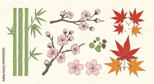Japanese Nature Elements: Bamboo, Cherry Blossoms, Maple Leaves, Beige Background