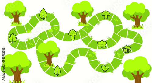 Kids board game path with nature elements, trees, leaves, mushrooms, bird, paw prints