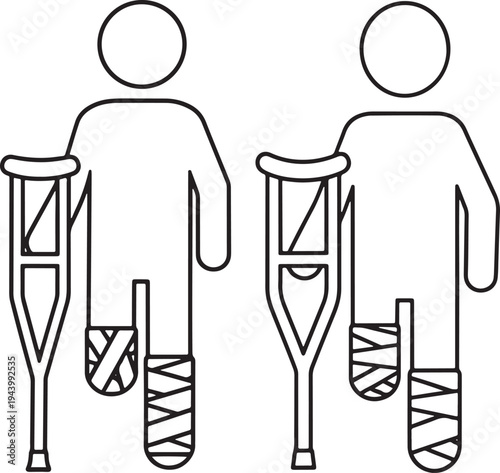 Person on Crutches Icon Set, Injured Leg Symbol with Broken Bandage, Two Line Drawings, Injury, Icon, Illustration, Line Art, Drawing, White Background, Medical