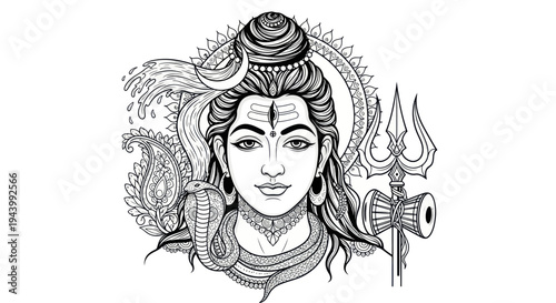 Lord Shiva Doodle Art with Trishul, Cobra, and Ganga water, Hindu God