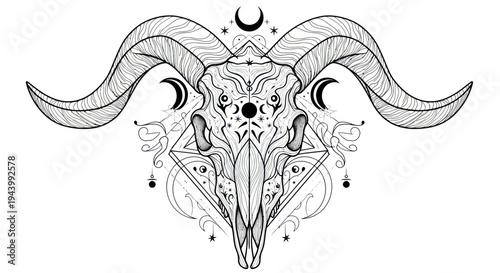 Mystical Ram Skull with Crescent Moons and Geometric Symbols