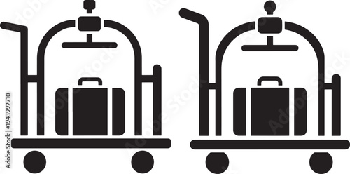 Hotel Luggage Cart Icon Set, Suitcase Symbol on Wheels, Two Black Silhouettes, Suitcase, Icon, Illustration, Silhouette, Vector, White Background, Travel, Transport