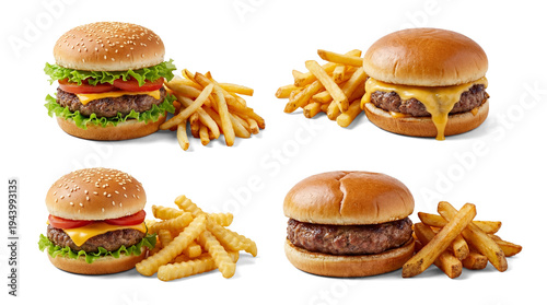 Photos four distinct burger and french fry meals presented in a clean grid layout on a pure white background, png format