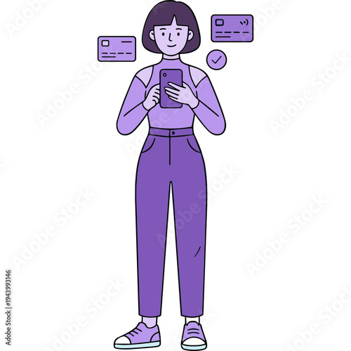 A woman checks her phone with floating verification messages nearby indoors.