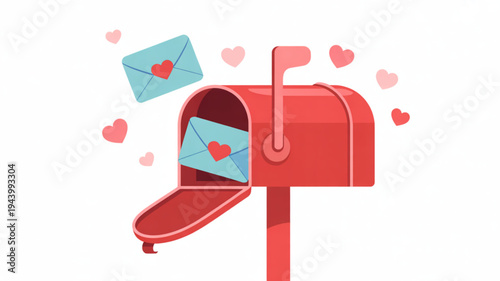 Red mailbox with love letters and hearts flat vector illustration for Valentines Day or romance concepts isolated on white