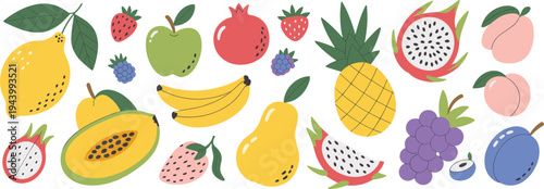 Assorted Fresh Fruits in Vibrant Colors on White Background Keywords: fruits, assorted, variety, colorful, healthy, food, fresh