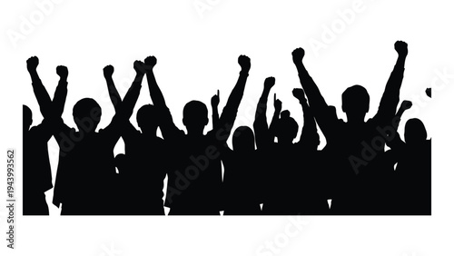 A group of people celebrating with raised arms in a silhouette against a white background, conveying a sense of unity and triumph
