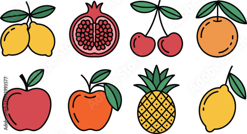 Assorted Fresh Fruits With Leaves In A Simple Flat Design Style Keywords: fruit, apple, lemon, cherry, pomegranate, orange
