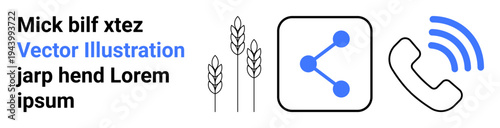 Agriculture, communication, technology, connectivity, mobile services, sharing. Wheat stalks, sharing icon and phone signal. Agriculture and communication interconnected through technology