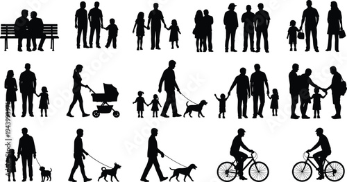 Family silhouette collection, outdoor activity figures, social interaction outline, companionship design, everyday lifestyle icon, black illustration art