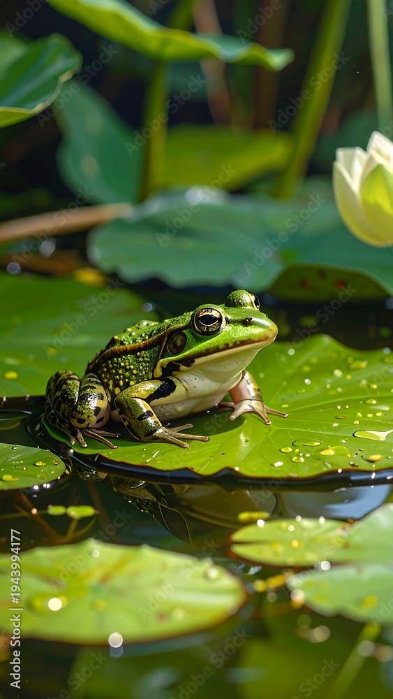 Obraz premium A green frog sitting on a lily pad in a pond (1)