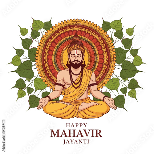Happy Mahavir Jayanti: Lord Mahavir Meditating in Lotus Pose, Spiritual India