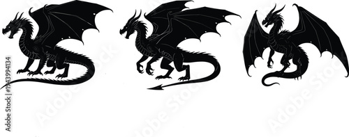 Black Dragon Silhouette Vector Set, Fantasy Mythical Creature Illustrations with Large Wings Isolated on White Background, Flying and Standing Monster Graphics (21 words)