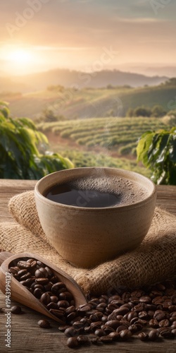 Coffee Cup on Wooden Table with Coffee Beans