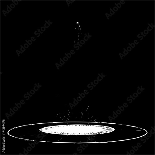 Dramatic single spotlight illuminating a circular stage from above, rendered as a stark black and white conceptual illustration on a minimalist dark background.