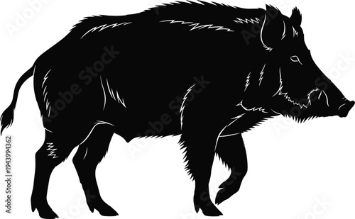 Wild boar silhouette, walking animal outline, tusk figure design, bristly fur illustration, wildlife icon, black textured animal profile art