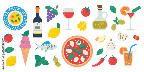 Assortment of Italian Food and Drink Items Flat Design on White Keywords: italian, food, drink, pizza, wine, grapes, ice cream