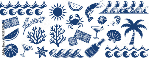 Blue Silhouette Icons of Summer Beach and Ocean Elements Keywords: summer, beach, ocean, sea, vacation, travel, vacation, sun