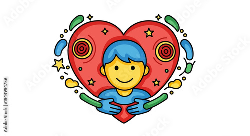 Smiling cartoon boy with blue hair.