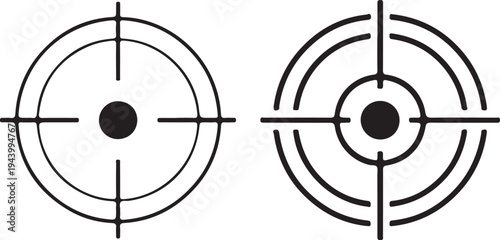 Black and white targets with concentric circles and crosshairs aiming
