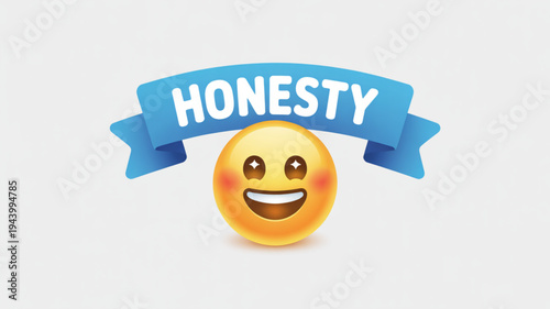 Smiling emoji face with HONESTY banner representing truth and integrity perfect for business concepts and positive communication