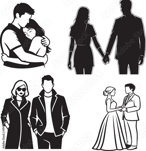 Love Couple Silhouette Collection Black and White Vector Art