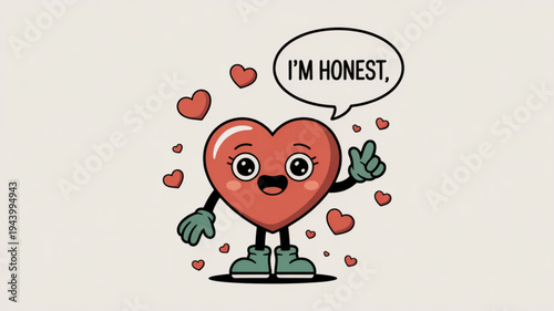 Retro cartoon heart character with Im Honest speech bubble surrounded by smaller hearts perfect for expressing sincerity and love in designs