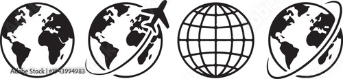 Black and white globe with airplane and grid pattern earth travel