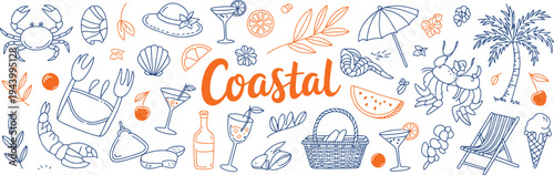 Coastal Beach Vacation Icons and Symbols Doodle Art Collection Keywords: coastal, beach, vacation, sea, ocean, travel, holiday