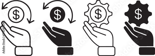 Four hands holding dollar sign with gear and arrows black and white