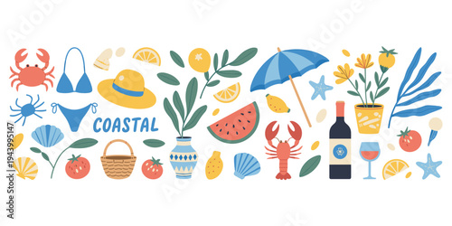 Coastal Themed Collection of Summer Beach Items and Nature Elements Keywords: coastal, beach, summer, vacation, travel, sea