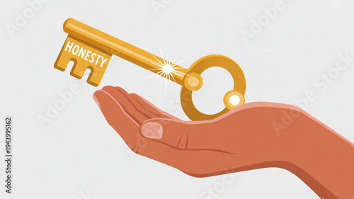 Golden key with the word HONESTY engraved held in an open hand symbolizing trust and integrity for business concepts