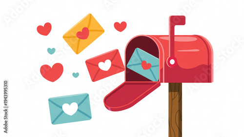 Red mailbox with hearts and love letters spilling out on white background symbolizing romance and affection