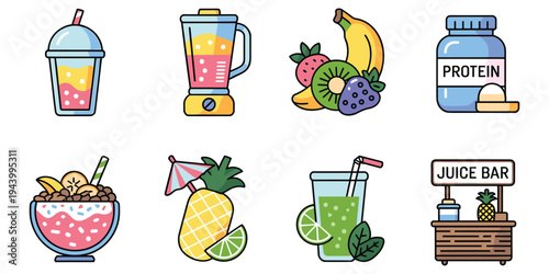 Collection of eight flat icons related to juice bar and healthy drinks smoothie blender