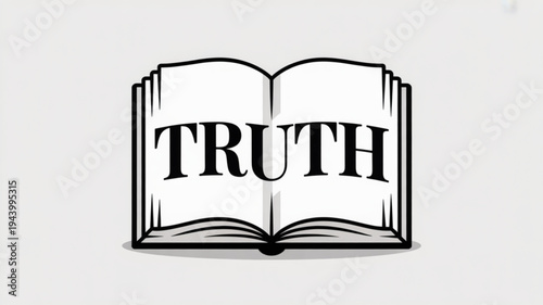 Open book with the word TRUTH a conceptual illustration representing knowledge and honesty isolated on a light background