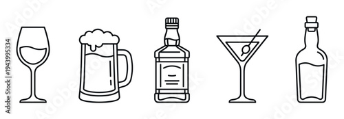 Collection of linear alcohol drink icons featuring a wine glass, foamy beer stein, whiskey bottle, martini with an olive, and a simple bottle, drawn in a clean vector illustration style