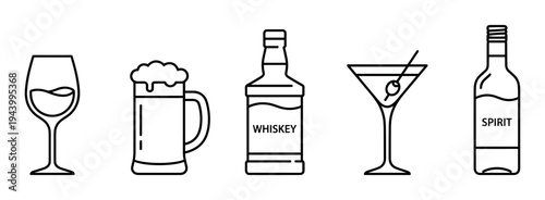 Set of five alcoholic drink icons including wine, beer, whiskey, martini, and spirits, presented in a clean and simple black and white minimalist line art vector style