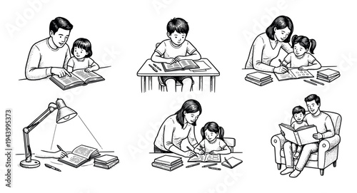 Set of black and white illustrations showing family education scenes with parents helping children with homework, reading books together, and a boy studying at his desk in a vintage style