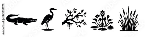 Set of black swamp wildlife silhouettes with an alligator, heron, mossy oak branch, water hyacinth, and cattail reeds, presented as a collection of graphic nature icons