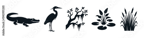 Black silhouette icon set of swamp life featuring an alligator, heron, mossy tree, water lily, and cattail reeds in a clean, minimalist graphic design style