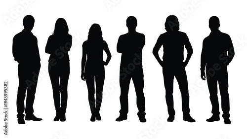 A group of six people standing in a line, depicted as black silhouettes against a white background, conveying a sense of unity and solidarity.