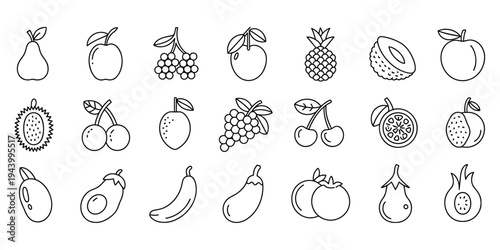 Collection of fruit and vegetable line art icons on white background Keywords: pear apple grapes peach pineapple lychee plum
