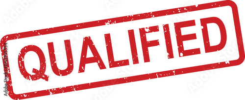 A bright red rectangular stamp featuring the word QUALIFIED with a distinctive, weathered, grunge style